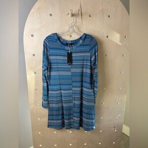 NWT YALA Long Sleeve Tan/Blue Stripe Bamboo Viscose Dress W/Pockets Size Small